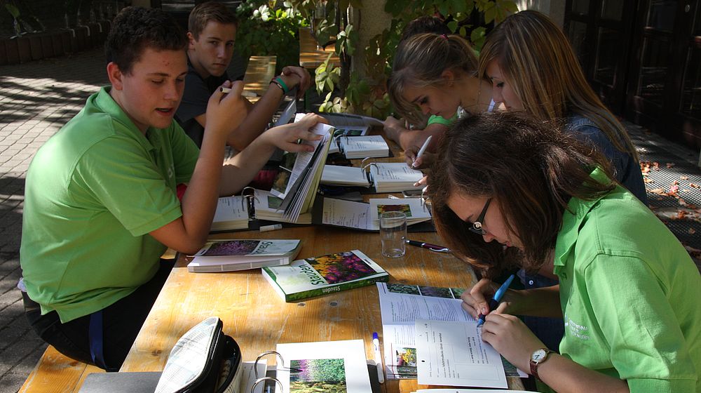 Schülerinnen und Schüler sitzen am Tisch im Freien bei einer Gruppenarbeit