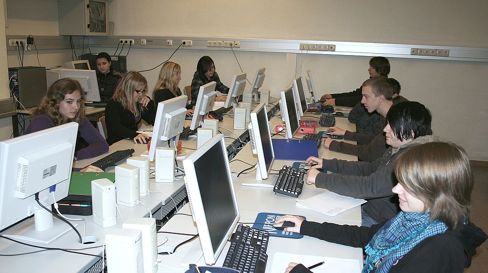 Schülerinnen und Schüler arbeiten am Computer