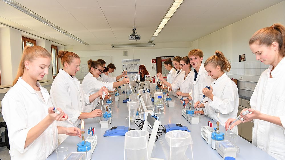 Schülerinnen und Schüler beim Arbeiten im Chemielabor