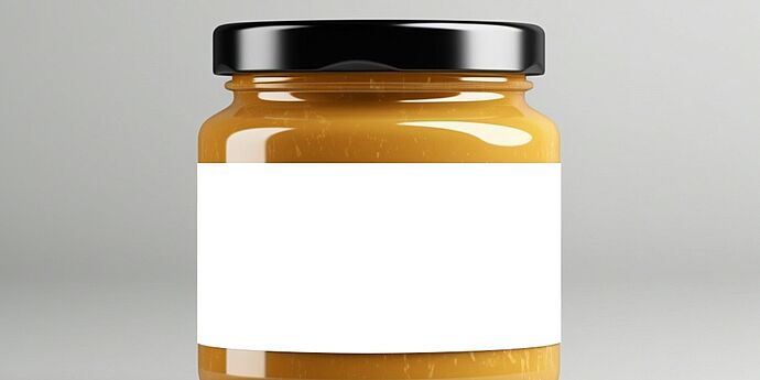 unsplash.com/ personalgraphic.com Ein Glas Erdnussbutter mit einem weißen Etikett