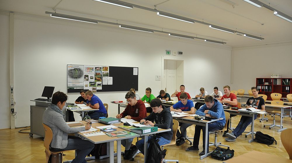 Schülerinnen und Schüler erarbeiten Aufgaben im Unterricht