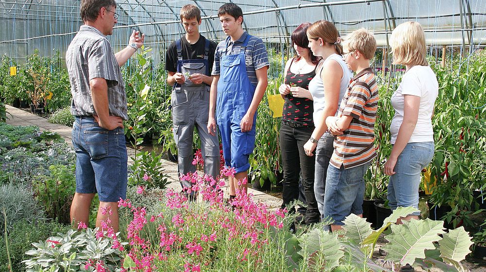 Lehrer erklärt den Schülerinnen und Schüler etwas im Glashaus