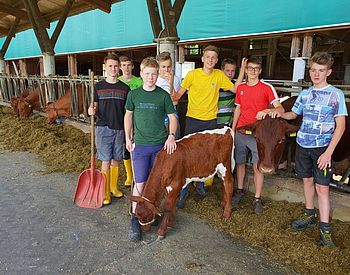 Schüler stehen im Stall