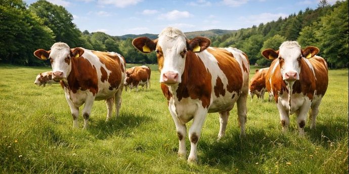 Mehrere Kühe stehen auf einer grünen Wiese mit Bäumen und Hügeln im Hintergrund.
