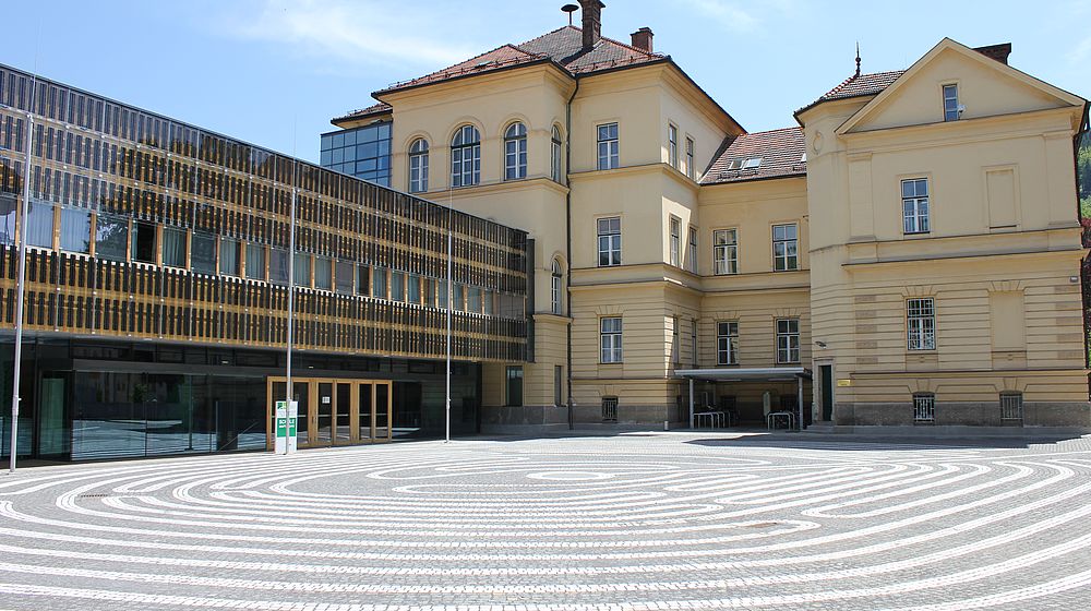 Schulgebäude mit Alt- und Neubau von außen