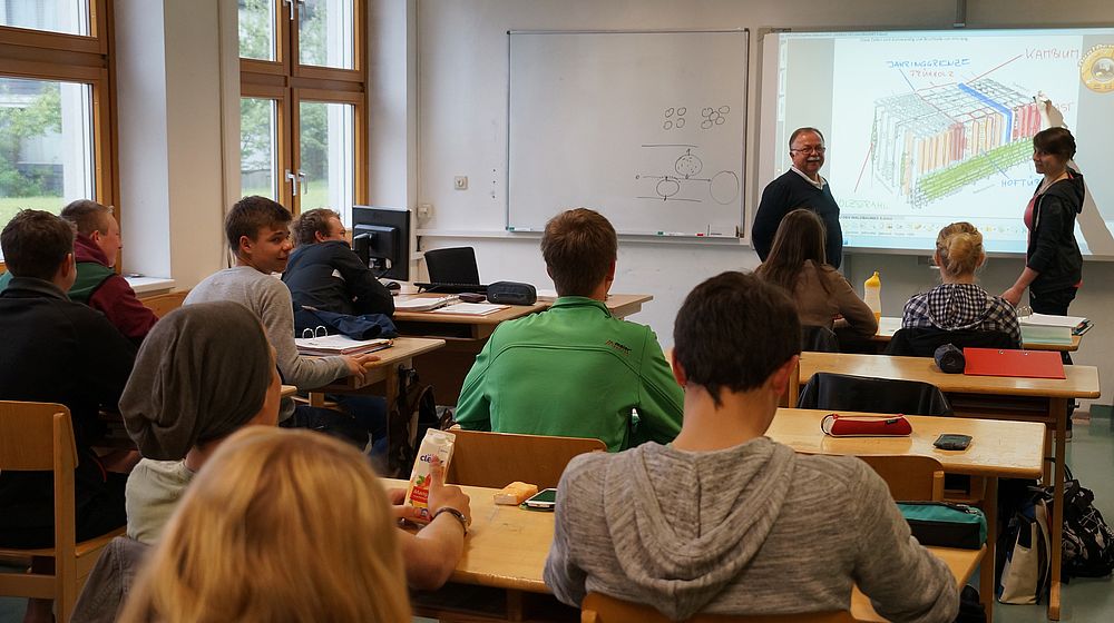 Schülerin bedient Whiteboard im Unterricht