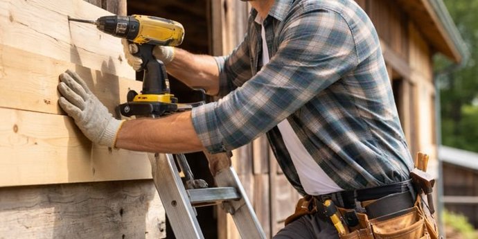 Eine Person mit Schutzhelm steht auf einer Leiter und befestigt mit einem Akkuschrauber ein Holzbrett an einer Holzwand.
