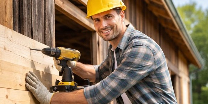 Eine Person mit Schutzhelm steht auf einer Leiter und befestigt mit einem Akkuschrauber ein Holzbrett an einer Holzwand.